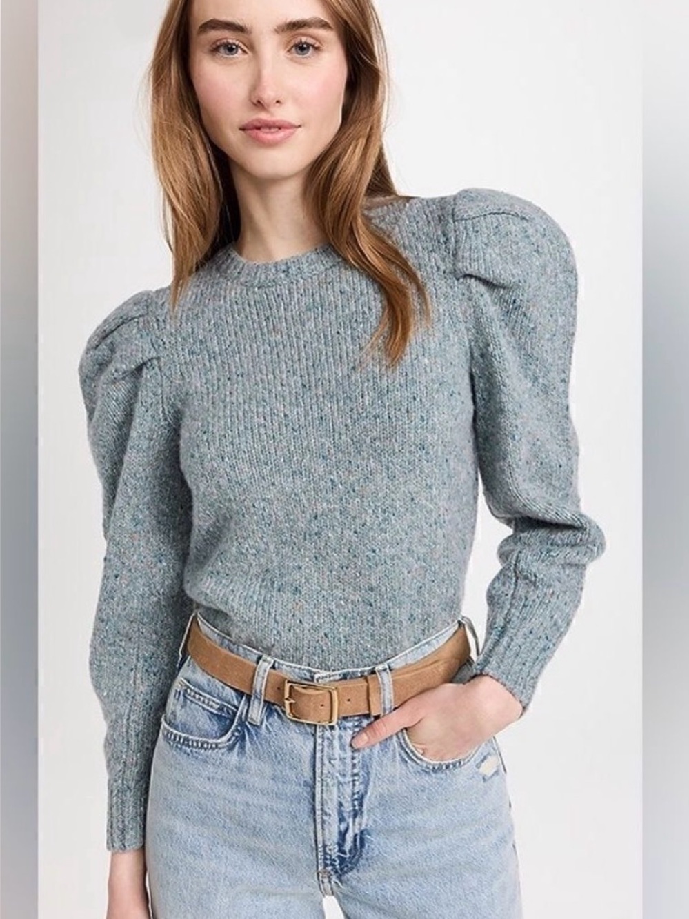FRAME Pleated Sleeve Sweater Large NWT Wool Alpaca Puff Sleeve Blue Knit